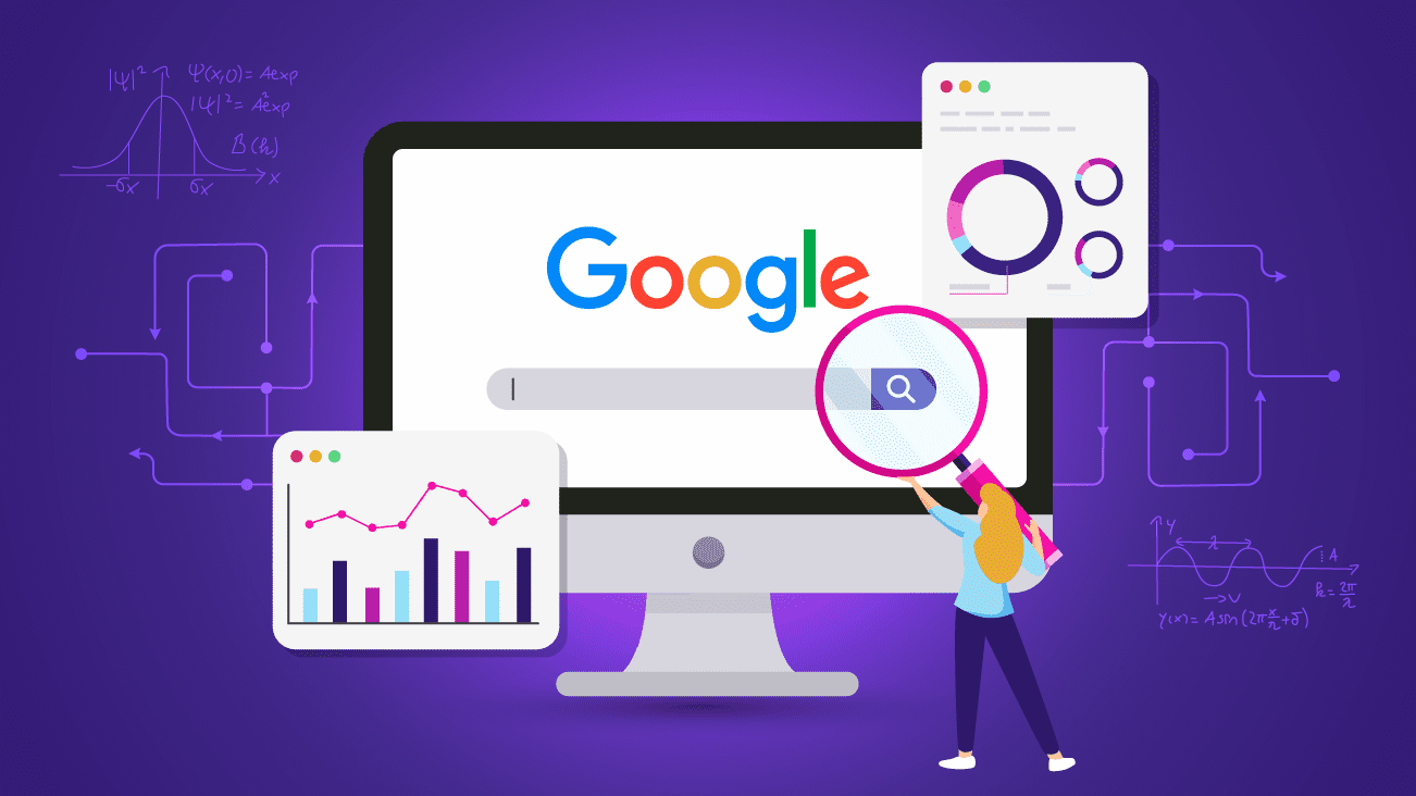 SEO algorithm graphic showing computer with google search on