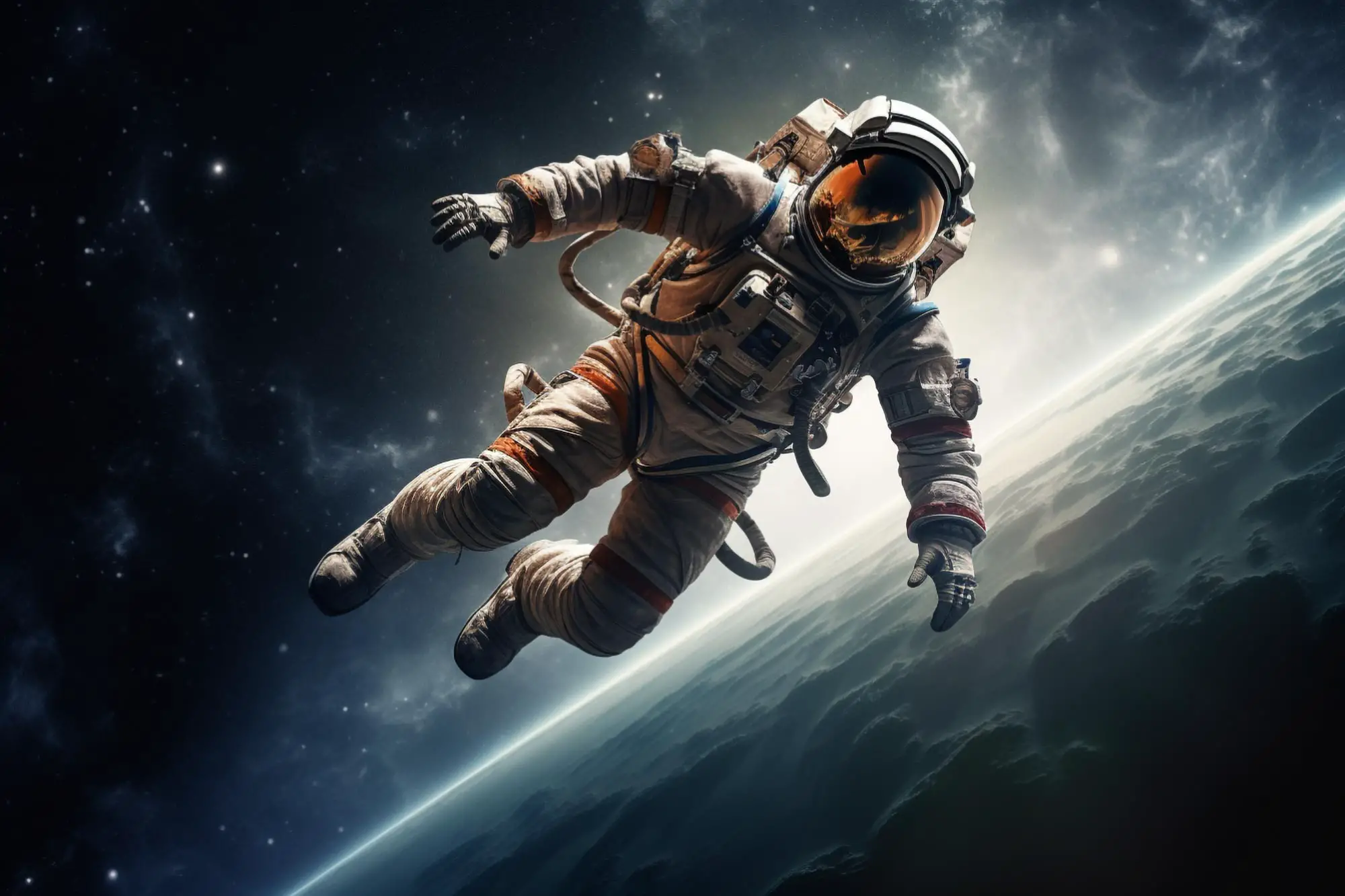 An astronaut floating in space in front of the earth