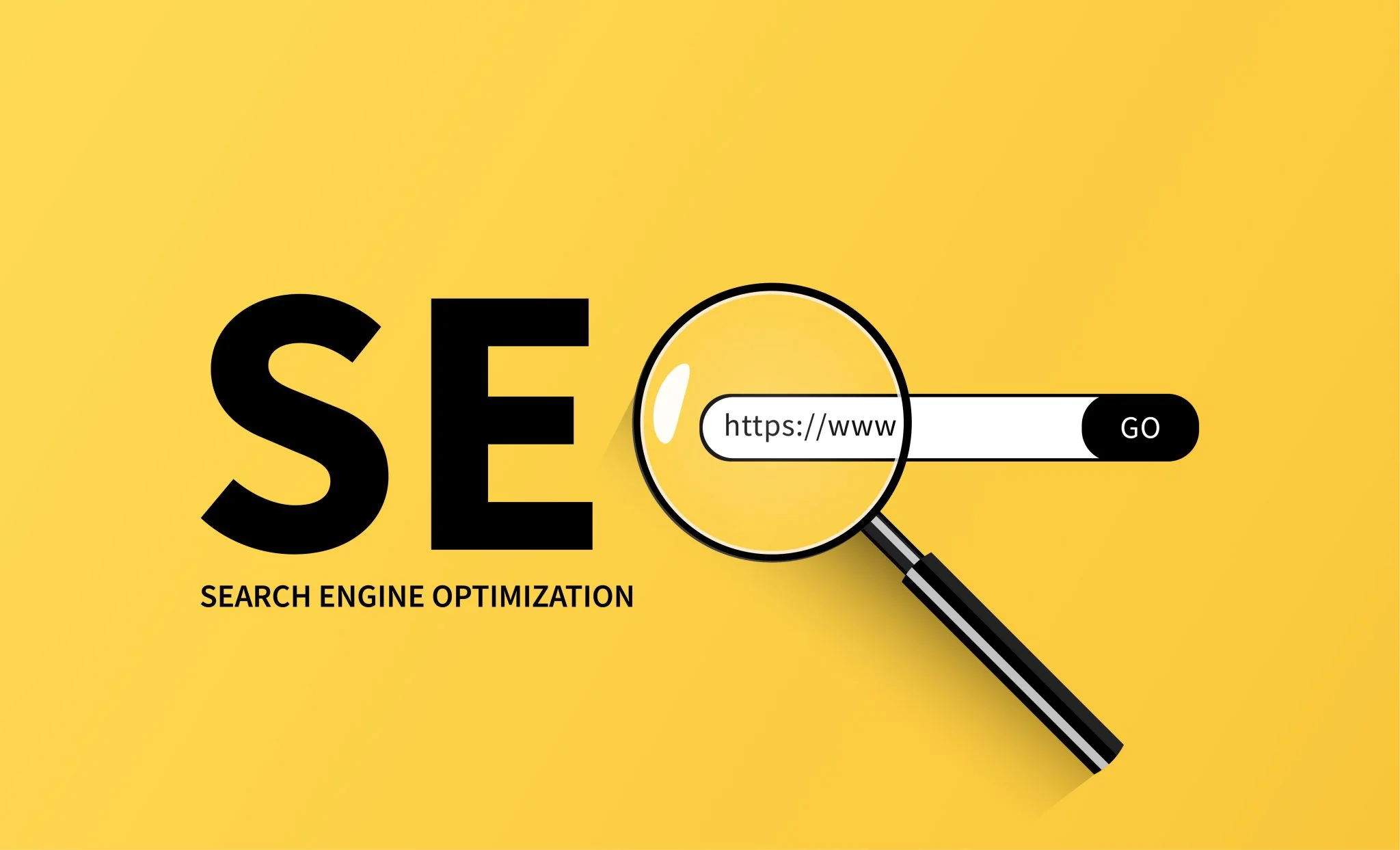 A magnifying glass looking at the web address bar for search engine optimisation