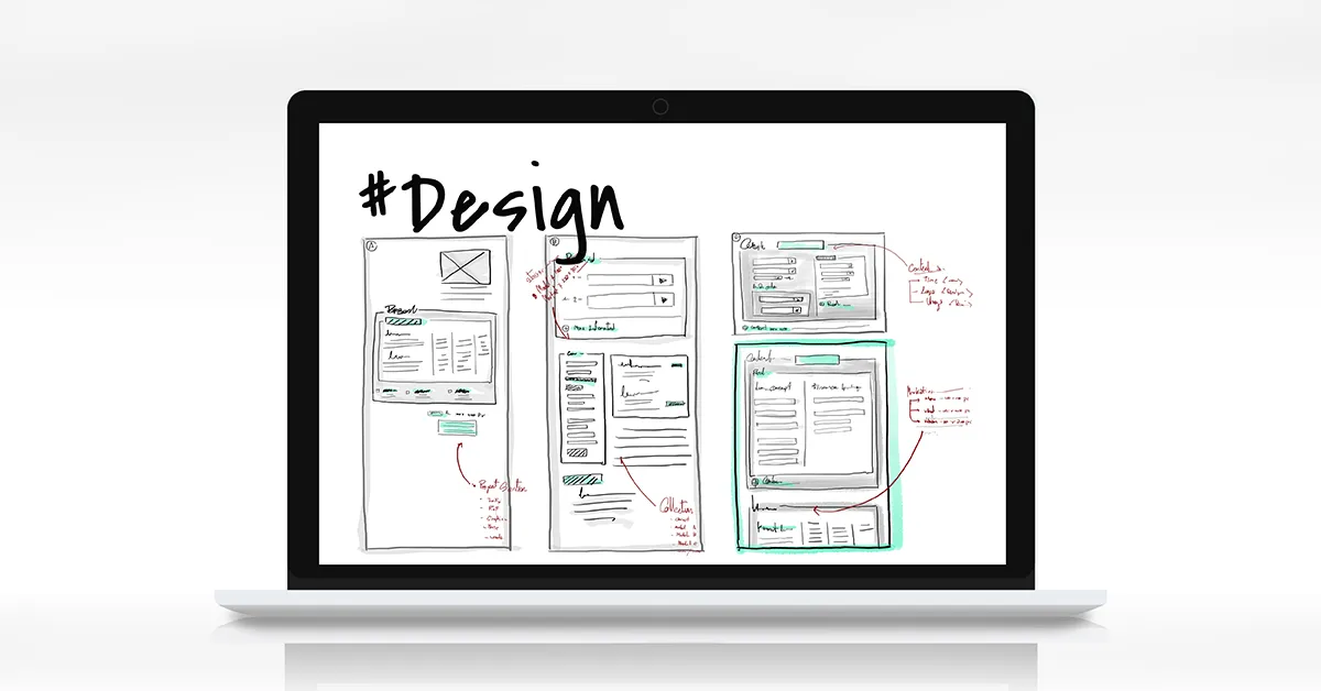 a laptop mockup with a wireframe website design on the screen
