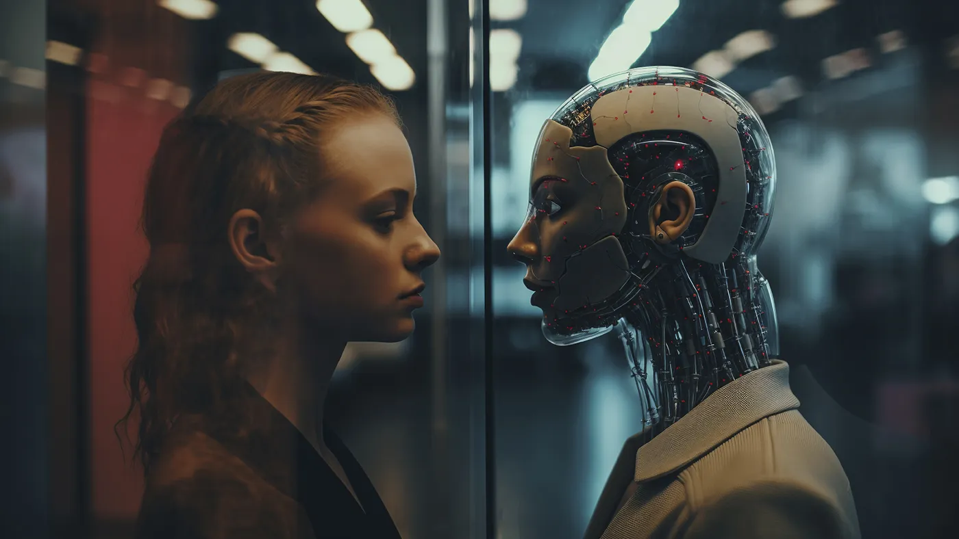 A woman and a AI robot looking into each others eyes