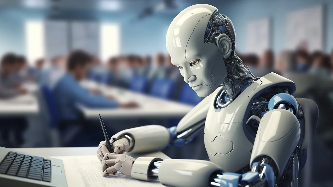 A robot sat in a classroom learning at a laptop