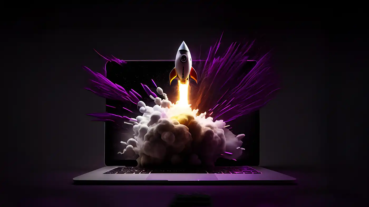 A rocket blasting out of a laptop screen